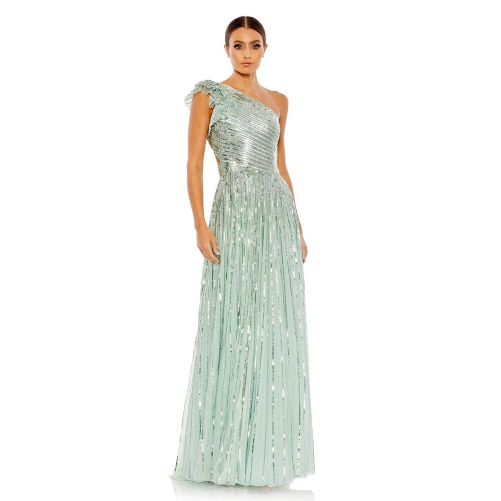 SEQUINED ONE SHOULDER FLUTTER SLEEVE A LINE GOWN